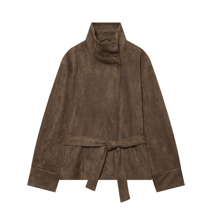 Damen Kurzjacke im Boxy-Cut aus Velourslederoptik mit hohem Stehkragen und Bindegürtel Echo Archiv