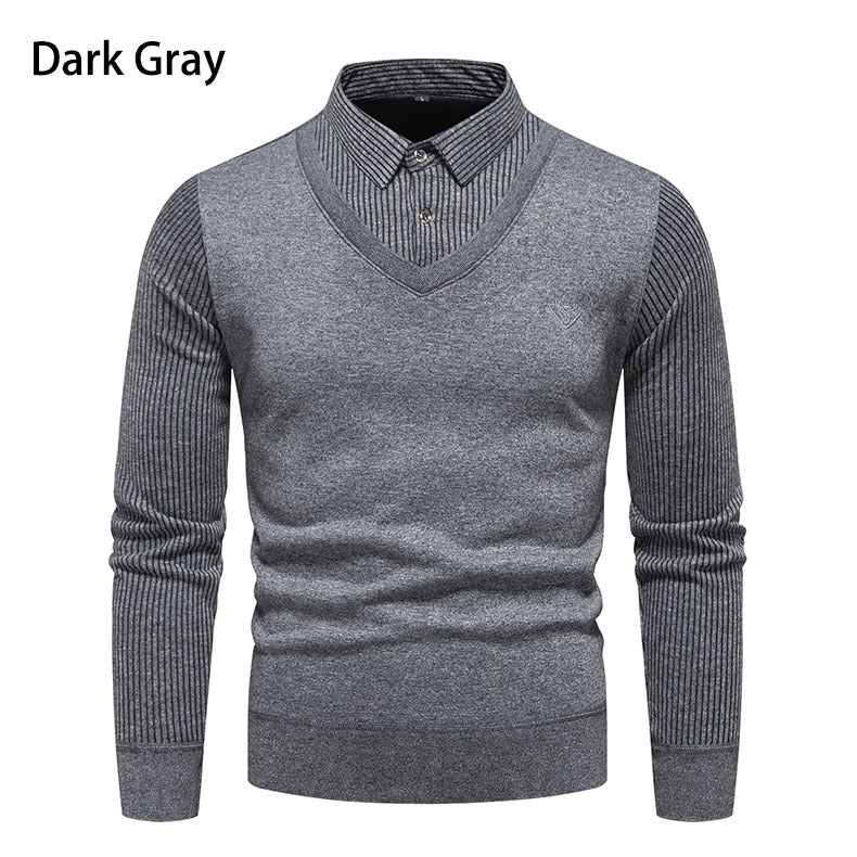 Herren Figurbetonter V‑Ausschnitt-Pullover mit integriertem Hemdkragen und gerippten Ärmeln Echo Archiv