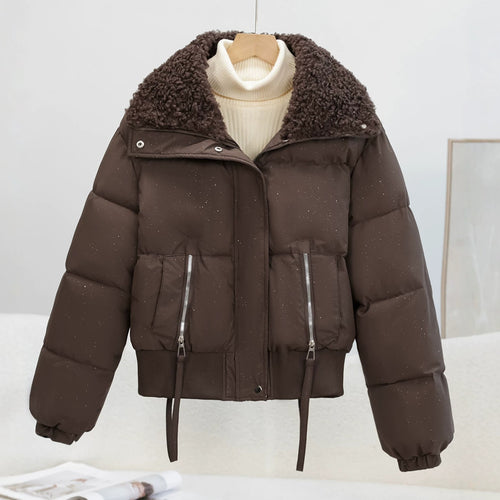 Damen Kurz geschnittene Pufferjacke mit Teddykragen, Reißverschlusstaschen und Rippbündchen Echo Archiv