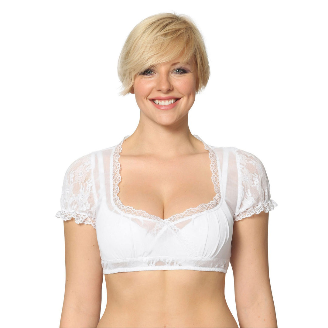 Damen  traditionelle Dirndlbluse mit feiner Spitze, tiefem Herzausschnitt und geraffter Taille Echo Archiv