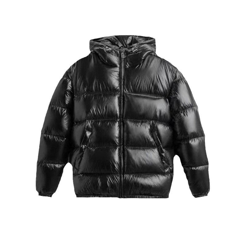 Damen Steppdaunenjacke mit Kapuze und Hochglanz-Oberfläche, Zwei-Wege-Reißverschluss und Kängurutaschen – Célinea