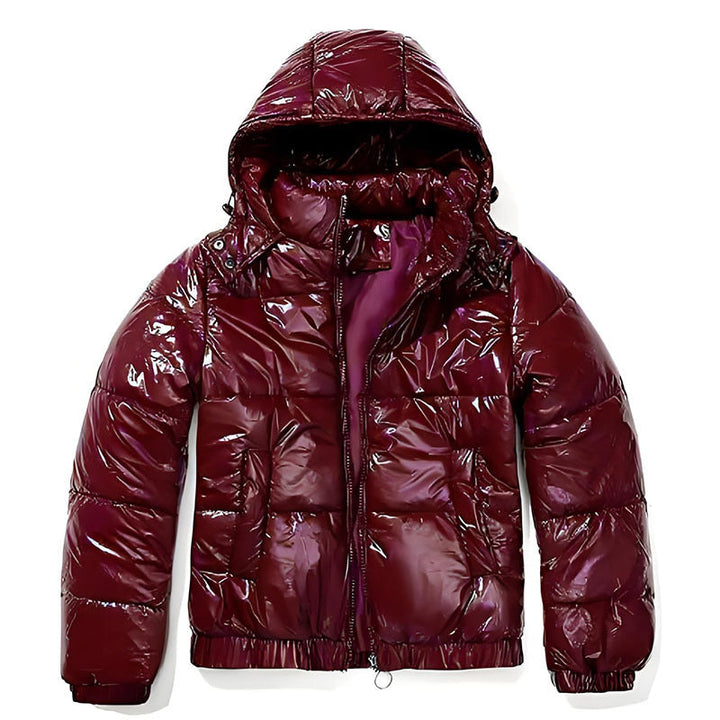 Damen Hochglänzende Steppjacke mit abnehmbarer Kapuze – Célinea