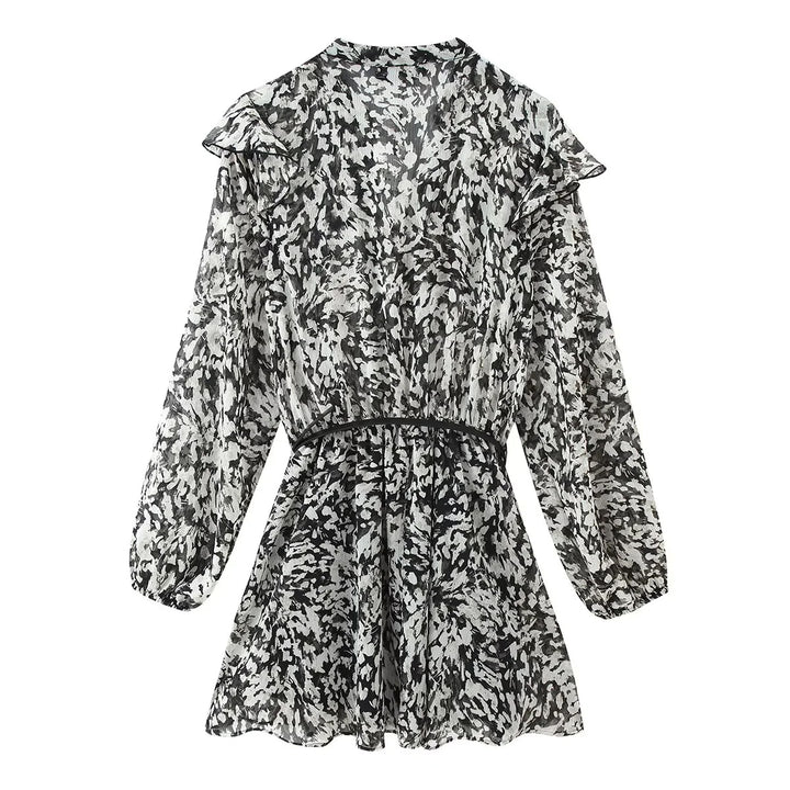 Damen geblümtes Volant-Chiffon-Minikleid mit Rüschen-V-Ausschnitt elastischer Taillenpartie und zartem Gürtel – Élara
