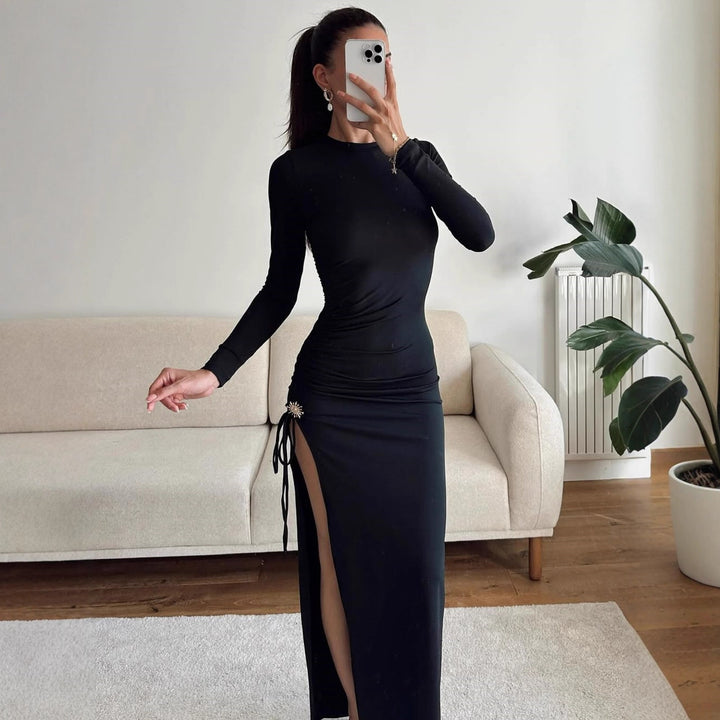 Damen elegantes, figurbetontes Kleid mit Raffungen und hohem Schlitz Echo Archiv