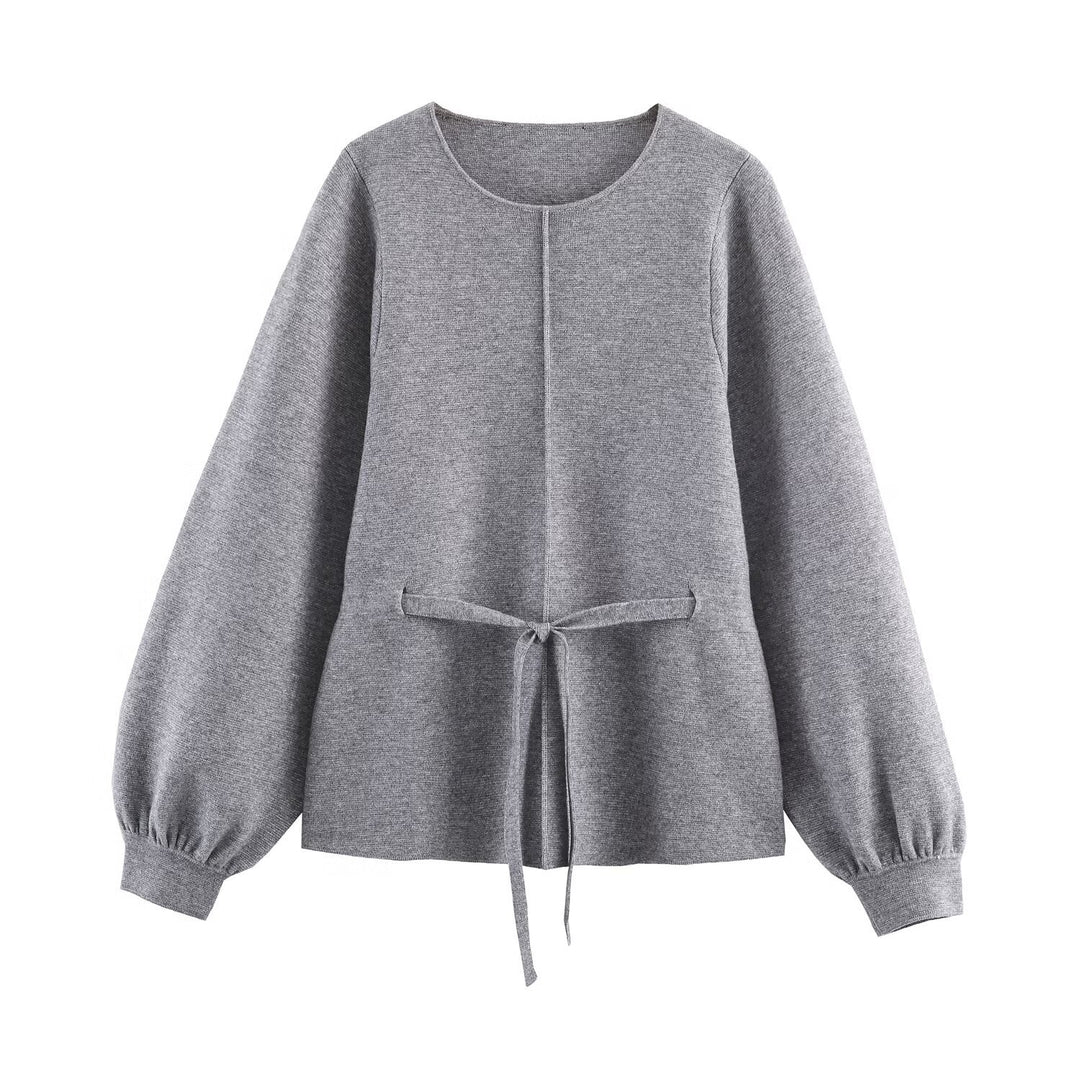 Damen Feinstrickpullover mit Tunnelzugtaillierung, Rundhals und Ballonärmeln Echoarchiv