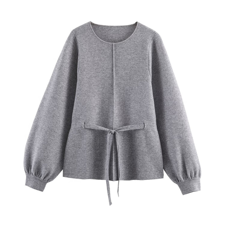 Damen Feinstrickpullover mit Tunnelzugtaillierung, Rundhals und Ballonärmeln Echoarchiv