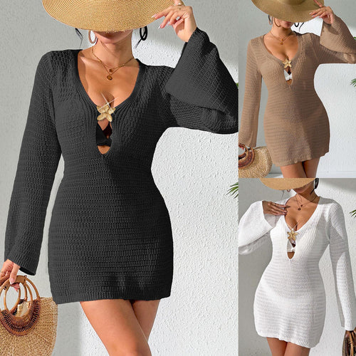 Damen gehäkeltes Strandkleid mit elegantem V-Ausschnitt und langen Ärmeln Echo Archiv