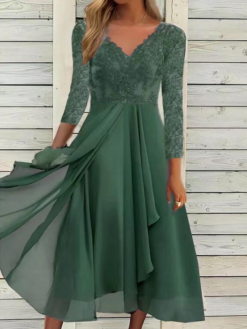 Damen nan Spitzenoberteil-Midikleid mit V-Ausschnitt, mehrlagigem Chiffonrock und halblangen Ärmeln Echo Archiv