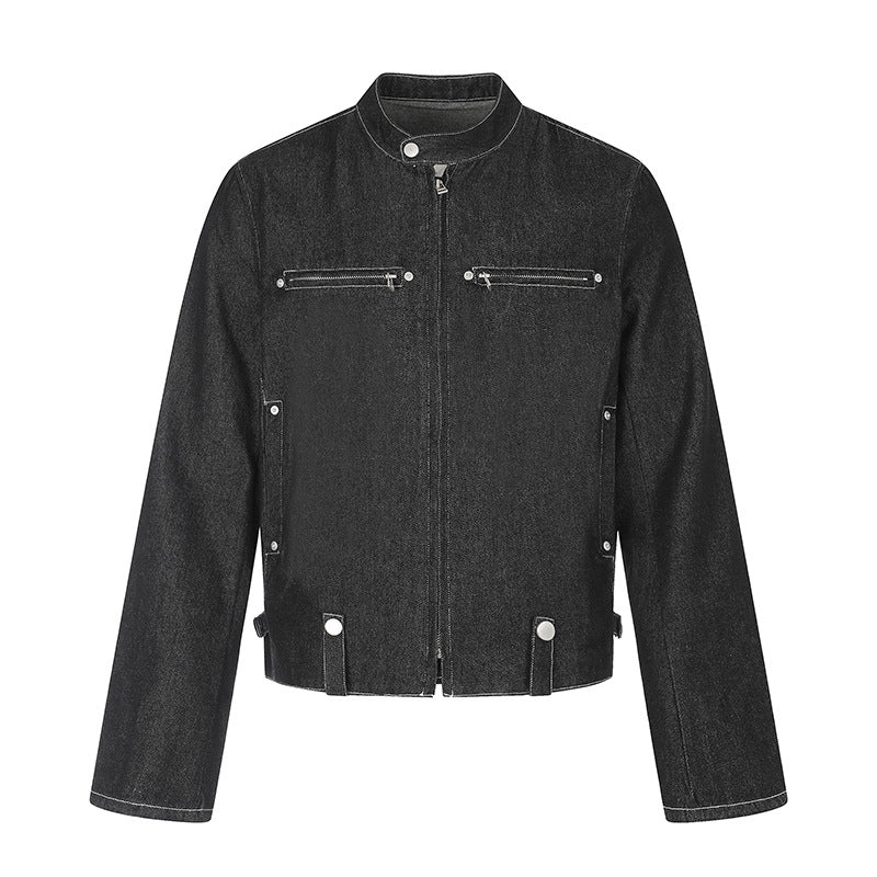 Damen kurze Denim-Bikerjacke mit Stehkragen, Reißverschluss und Druckknopfdetails Echoarchiv