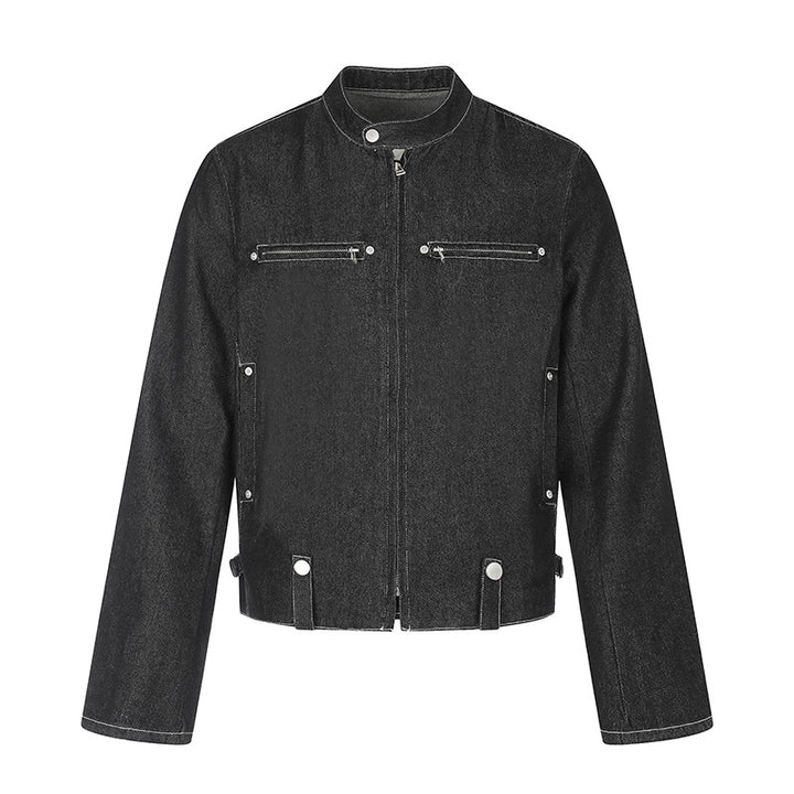 Damen kurze Denim-Bikerjacke mit Stehkragen, Reißverschluss und Druckknopfdetails Echoarchiv