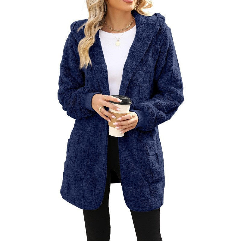 Damen nan kuschelige Kapuzen-Longjacke aus Teddyfleece mit aufgesetzten Taschen und strukturierter Karooptik Echo Archiv