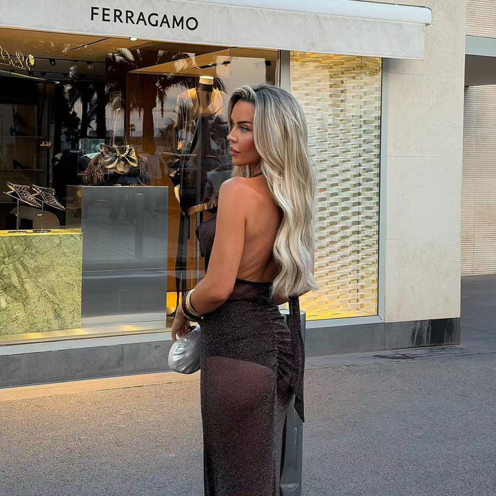 Damen schimmerndes Abendkleid mit tiefem V-Ausschnitt und Taillengürtel Echo Archiv