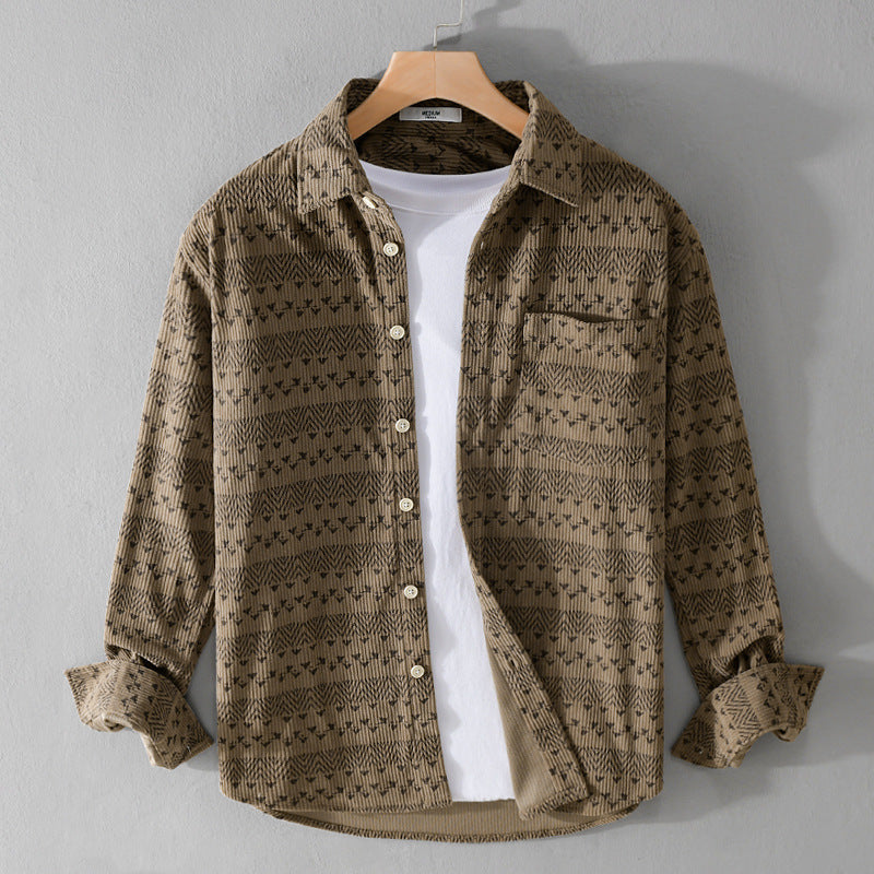 Herren Struktur-Kord-Hemdjacke im Vintage-Look mit Norweger-Motiv Echoarchiv