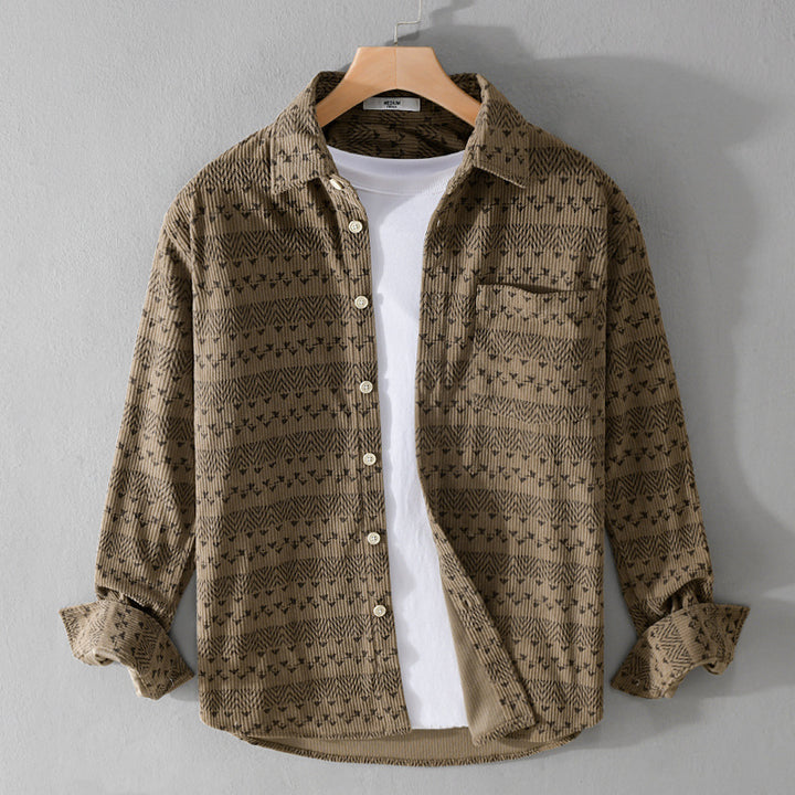 Herren Struktur-Kord-Hemdjacke im Vintage-Look mit Norweger-Motiv Echoarchiv