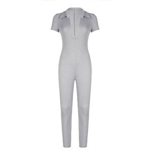 Damen figurbetonter Jumpsuit mit Kragen und Kurzarm Echo Archiv