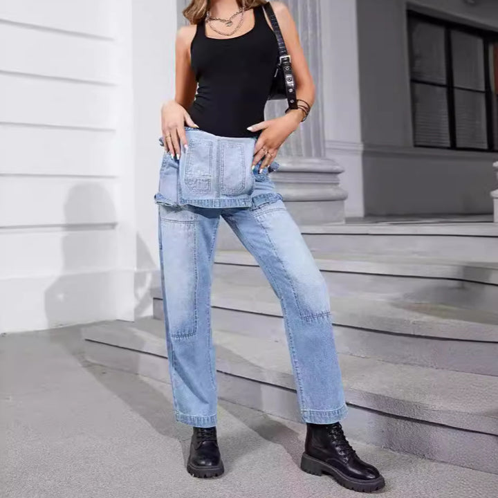 Damen Latzhose aus Denim mit weitem Bein, Utility-Details und taillenhohem Schnitt Echo Archiv