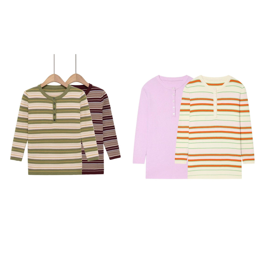 Damen Gestreiftes Rippstrick-Henleyshirt mit Knopfleiste und schmaler Passform Echo Archiv
