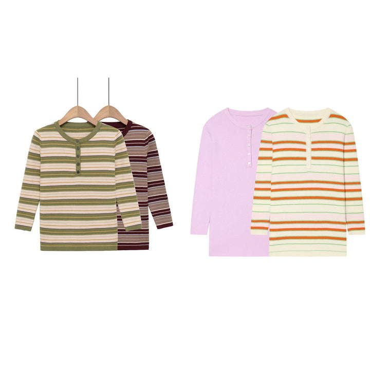 Damen Gestreiftes Rippstrick-Henleyshirt mit Knopfleiste und schmaler Passform Echo Archiv