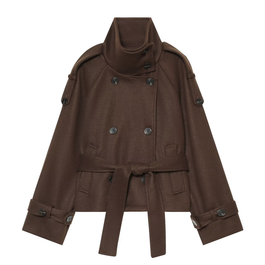 Damen Kurze Capejacke aus Wollmix mit hohem Stehkragen, Doppelreihe und Bindegürtel Echoarchiv
