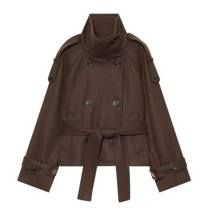 Damen Kurze Capejacke aus Wollmix mit hohem Stehkragen, Doppelreihe und Bindegürtel Echoarchiv