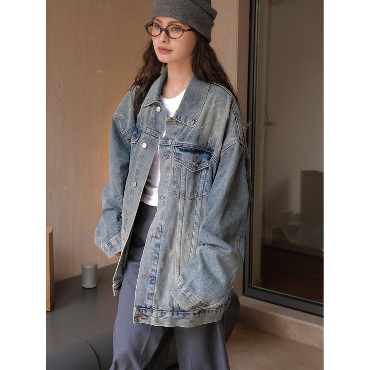 Damen Oversize Vintage-inspirierte Jeansjacke mit Distressed-Details und überschnittener Schulter Echoarchiv