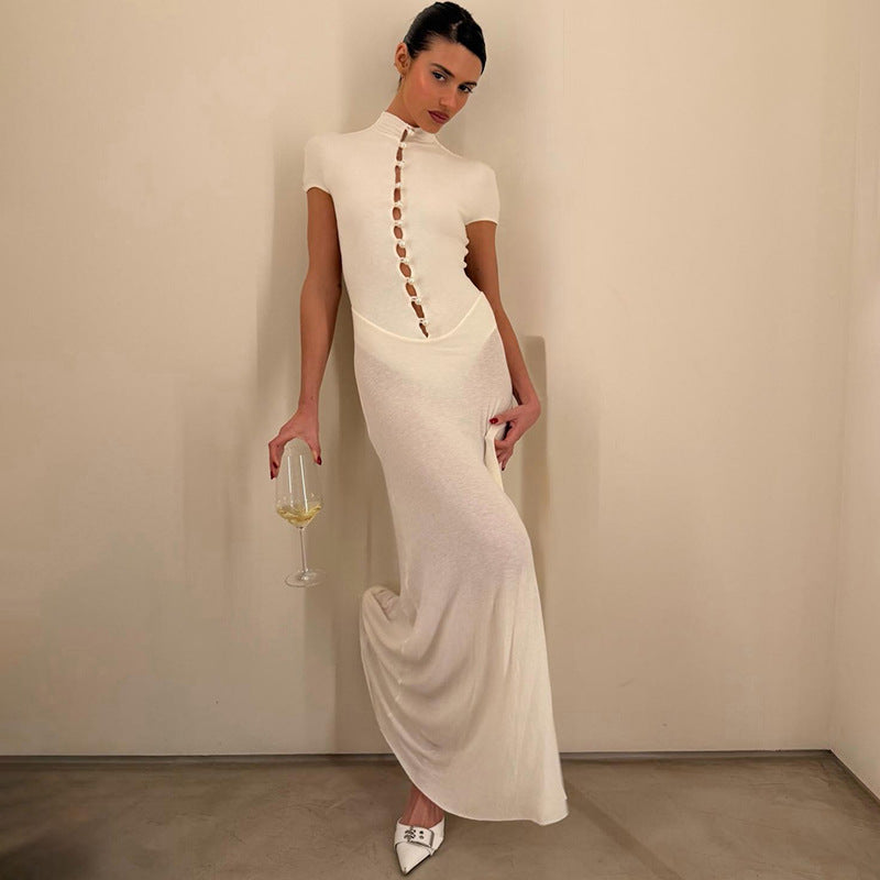 Damen Elegantes Maxikleid mit kurzer Knopfleiste und transparentem Stoff Echo Archiv