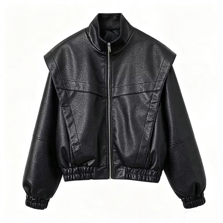 Damen Cropped Jacke im futuristischen Biker-Look aus veganer Lederoptik mit hohem Stehkragen und elastischem Saum Echoarchiv