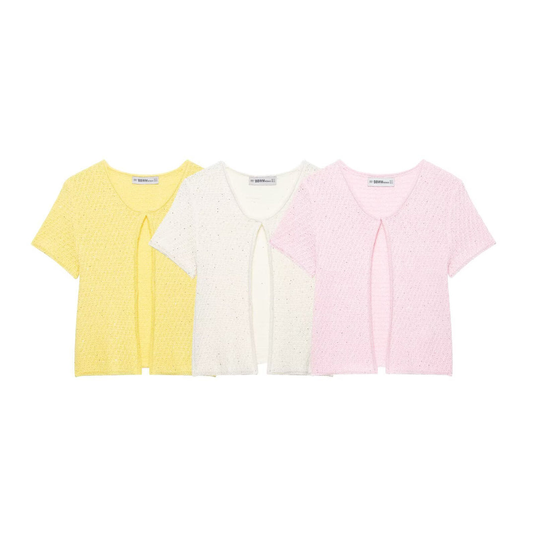 Damen Kurzärmelige Bouclé Strickjacke mit offenem Frontschlitz Echo Archiv