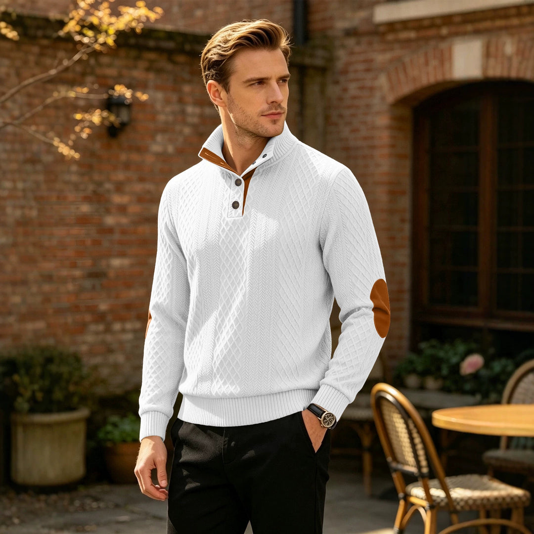 Herren Kabelstrick Troyer Pullover mit Stehkragen und Lederoptik-Ellbogen-Patches – Norvane