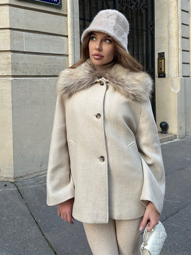 Damen Kurzmantel mit Webpelz-Schalkragen & kastiger Oversize-Silhouette Echoarchiv