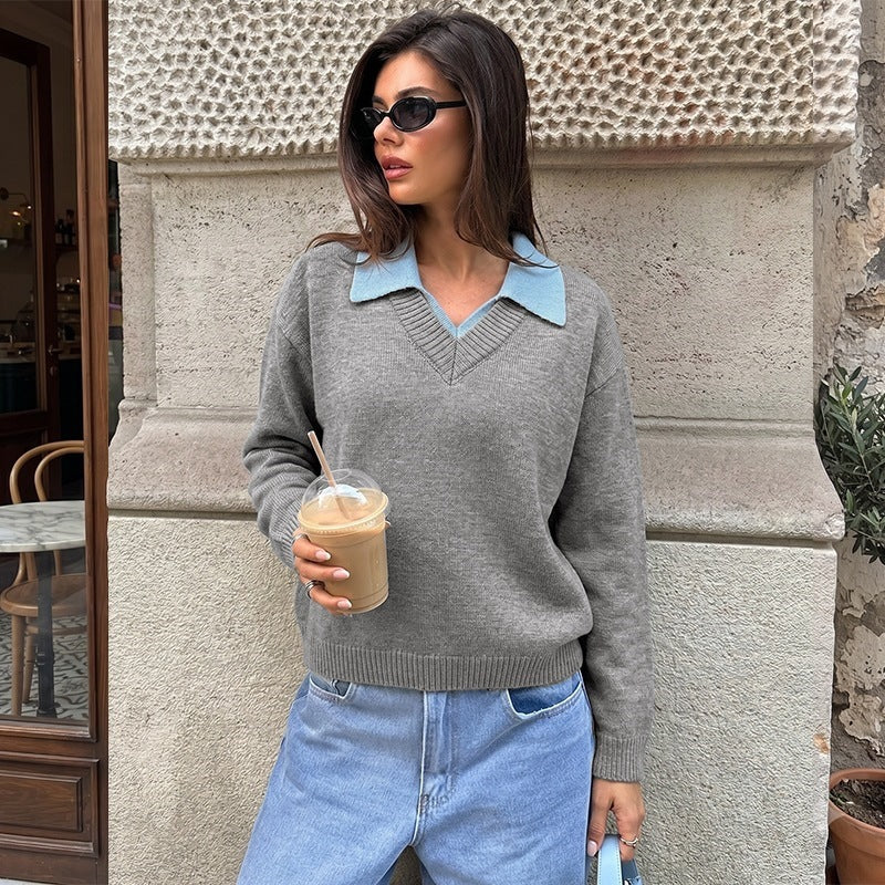 Damen Feinstrick-Polo-Pullover mit kontrastierendem Hemdkragen und V-Ausschnitt Echoarchiv