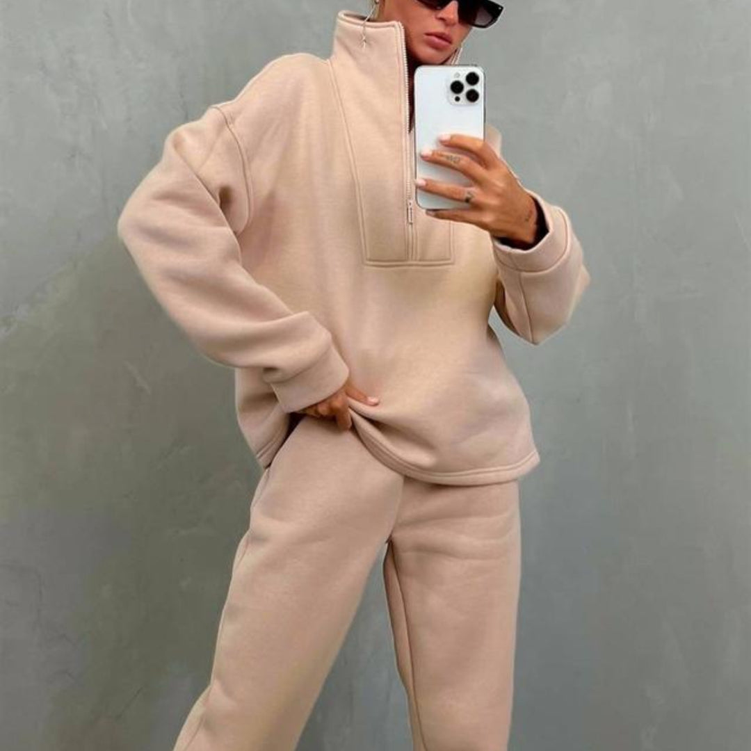 Damen Oversize-Halbzip-Lounge-Set aus schwerem French-Terry mit hohem Stehkragen – Avérine