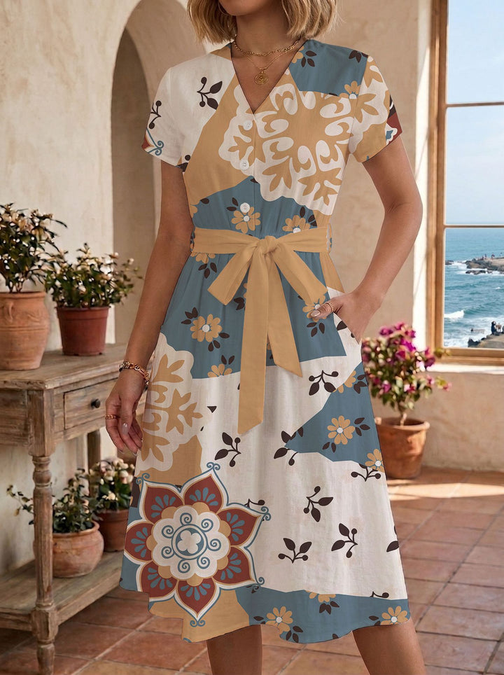Damen Sommerliches Kleid mit taillierbarem Bindegürtel und floralem Muster Echo Archiv
