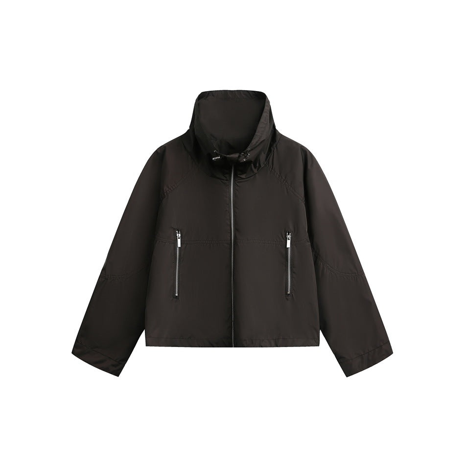 Damen Leichte Cropped Übergangsjacke mit hohem Stehkragen und Reißverschlusstaschen Echoarchiv