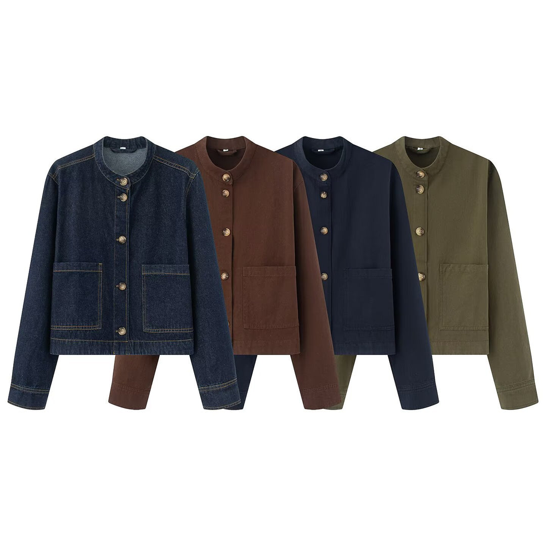 Damen Kurzjacke mit Stehkragen, Boxy‑Cropped Silhouette und aufgesetzten Taschen Echoarchiv