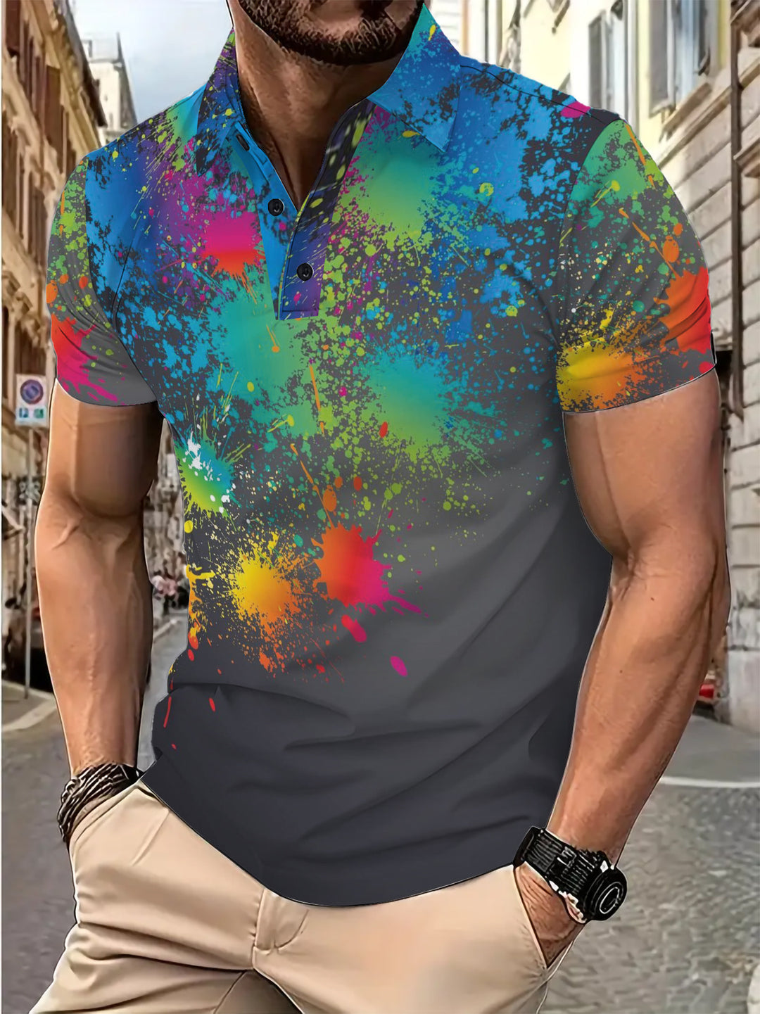 Herren Poloshirt mit kreativem Farbklecks-Druck und modernem Schnitt Echoarchiv