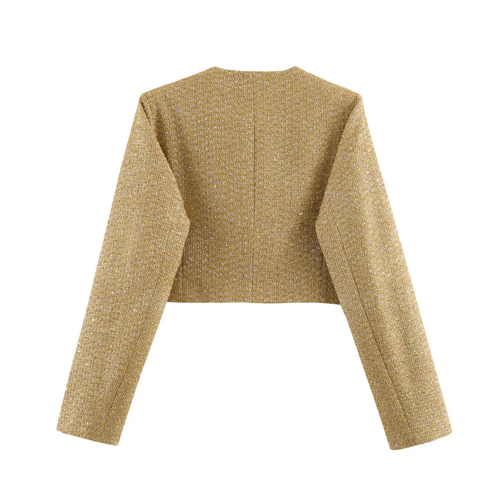 Damen kurzes Bouclé-Blazerjacke mit Rundhals und Zierknopf – Valéne