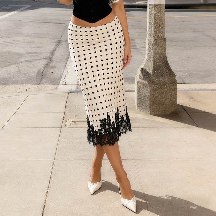 Damen Taillierter A‑Linien Midirock mit Polka‑Dot Print und Spitzenbordüre Echo Archiv