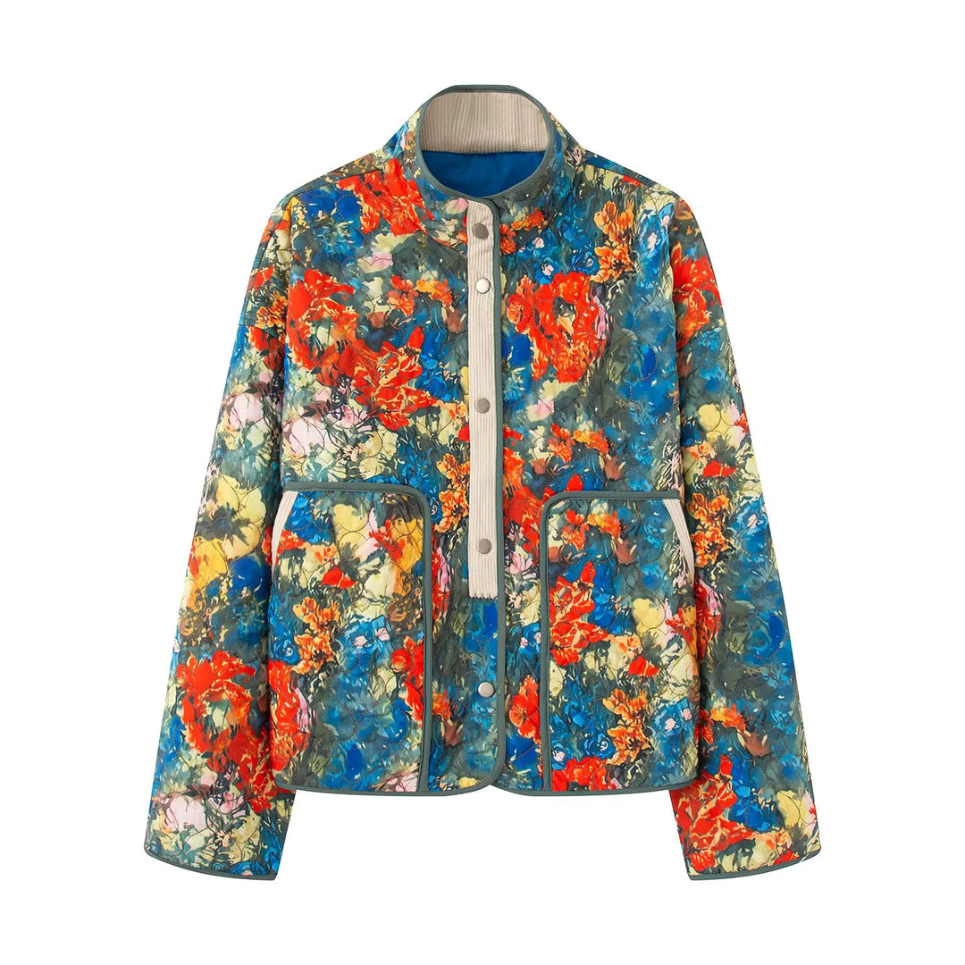 Damen gesteppte Aquarell-Blousonjacke mit Cordbesatz Stehkragen und aufgesetzten Taschen – Célinea