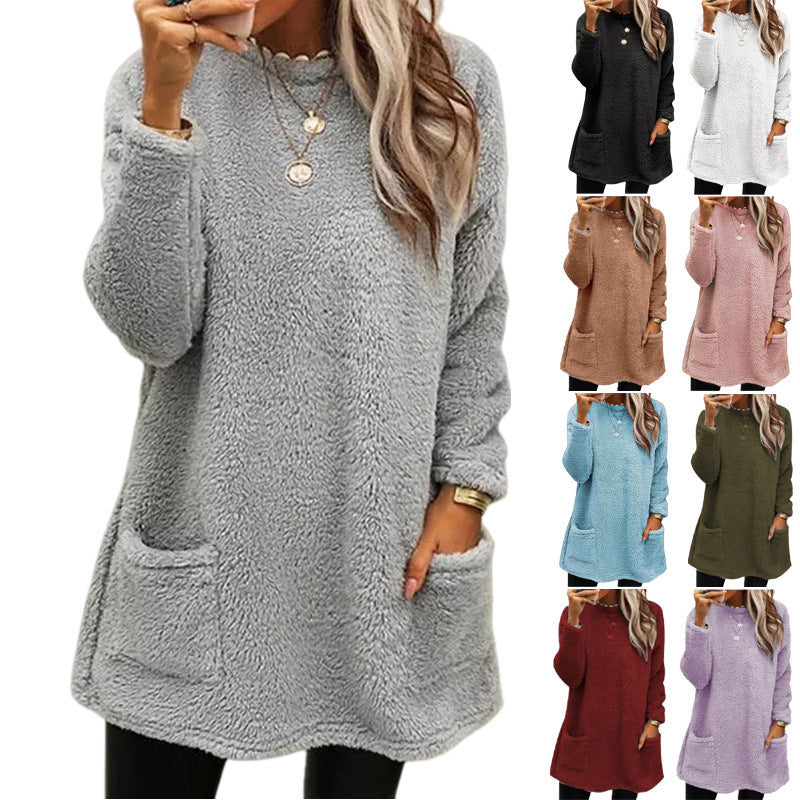 Damen nan kuscheliger langer Teddy-Pullover Oversize mit Rundhalsausschnitt und Eingrifftaschen Echo Archiv