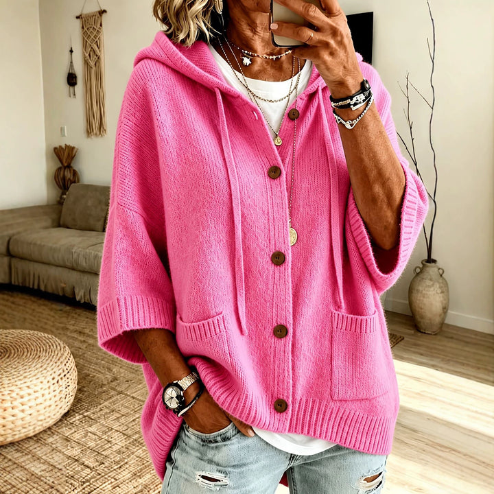 Damen Oversize Kapuzen-Cardigan mit Holzknöpfen und kastiger Silhouette – Veloura