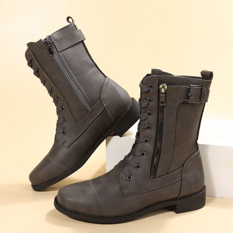 Damen nan knöchelhohe Schnür‑Combat‑Stiefelette mit seitlichem Doppelreißverschluss und verstellbarem Schnallenriemen Echo Archiv