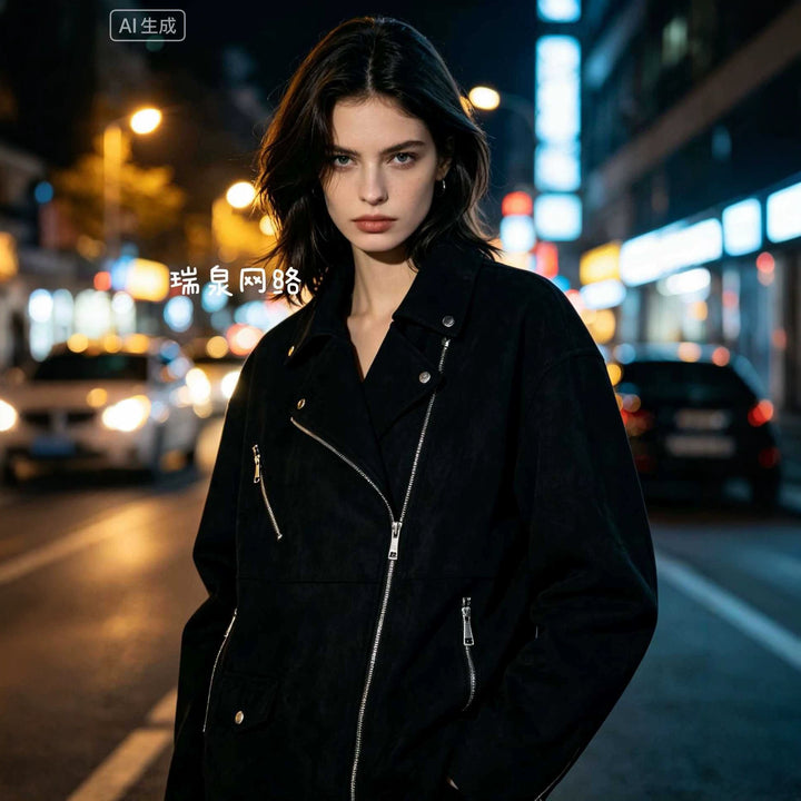 Damen Bikerjacke im Oversized Wildlederoptik mit asymmetrischem Reißverschluss Echoarchiv