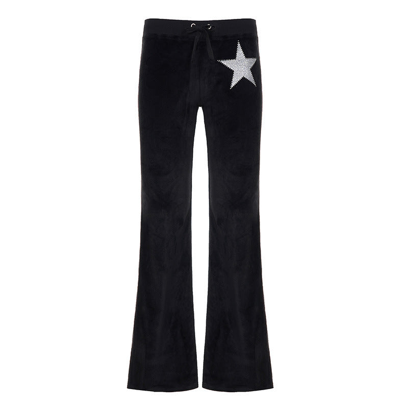 Damen weiche Velours‑Schlaghose mit Zierstern aus Strass und Tunnelzugbund – Avélisse