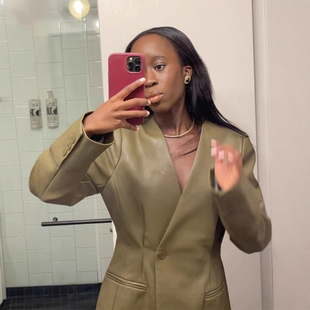 Damen Figurbetonter Lederimitat-Blazer mit einreihiger Knopfleiste und defined Shoulder Echoarchiv