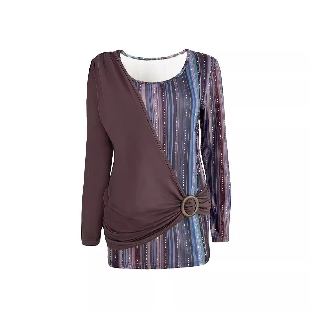 Damen Lagenlook Wickel‑Shirt mit asymmetrischer Drapierung und gestreiftem Unterteil – Orélia
