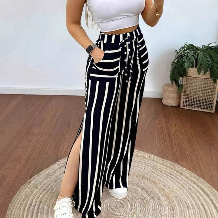 Damen Lässige Palazzo-Hose mit seitlichen Schlitzen und Bindegürtel Echo Archiv