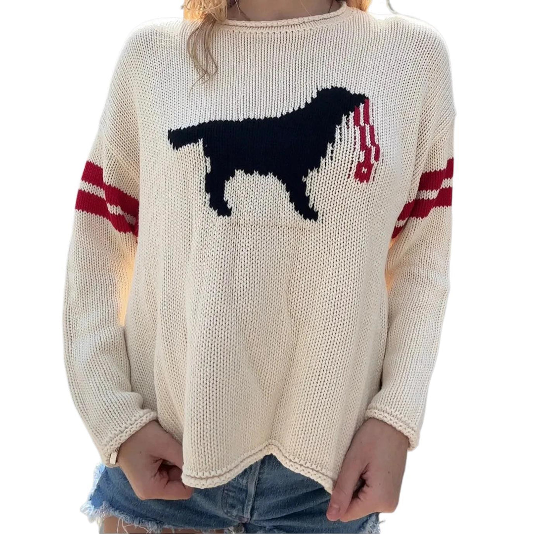 Damen Grobstrickpullover mit Hunde-Jacquard und Sportstreifen Echoarchiv