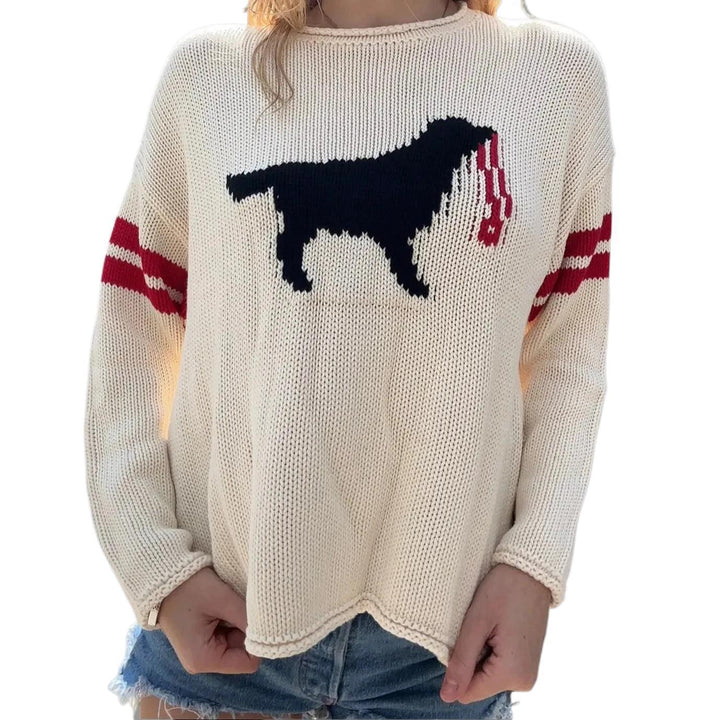 Damen Grobstrickpullover mit Hunde-Jacquard und Sportstreifen Echoarchiv