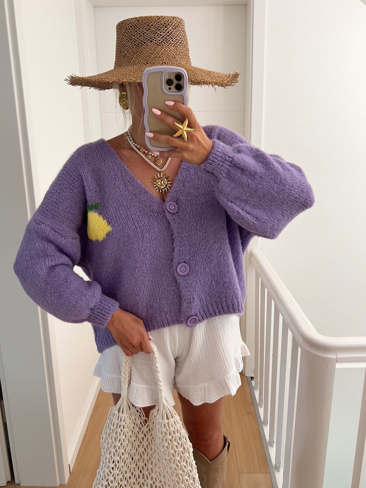 Damen Strickjacke mit fröhlichem Zitronenmotiv und Oversized-Schnitt Echoarchiv
